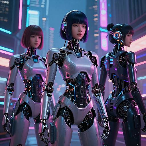 Digital artwork of three futuristic, sleek, cybernetic women with black and silver armor, neon-lit city background, standing in a confident pose.