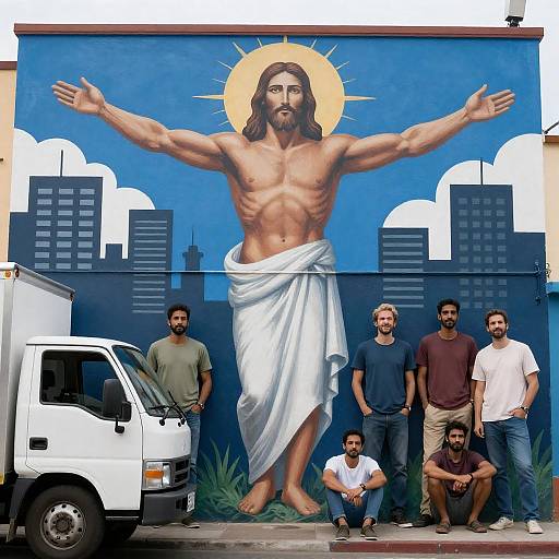 Vibrant Mural: Muscular Jesus and Truck