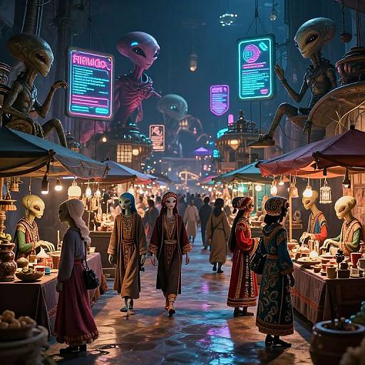 Neon-lit, sci-fi market street with alien vendors, colorful neon signs, and diverse customers in traditional attire, under a night sky. Photograph