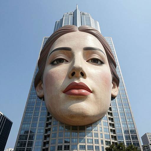 Photograph of a giant, realistic, 3D face with red lips and brown hair, attached to a modern skyscraper against a clear blue sky