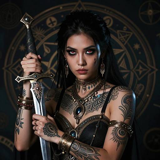 Digital artwork of a tattooed, dark-haired woman with piercing eyes, holding a sword. She wears ornate jewelry and a black, strapless top