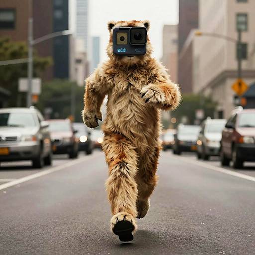 Furry Superhero with GoPro Head Running in City