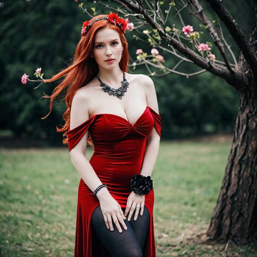 Woman in Elegant Red Dress Outdoors