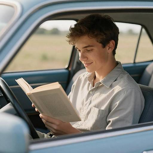 Young Man Reading in Vintage Car