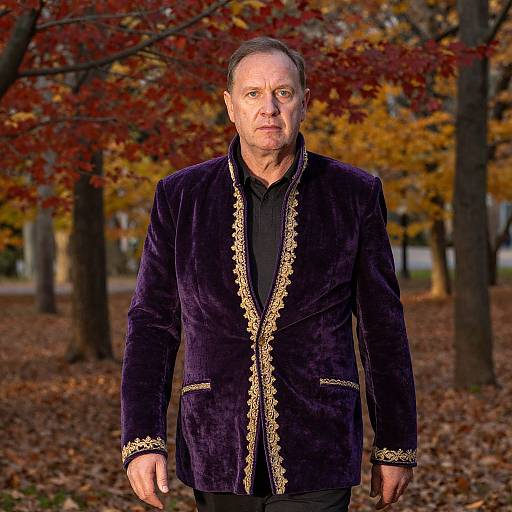 Middle-aged man with short gray hair and beard, wearing black velvet jacket with gold trim, stands in autumn forest.