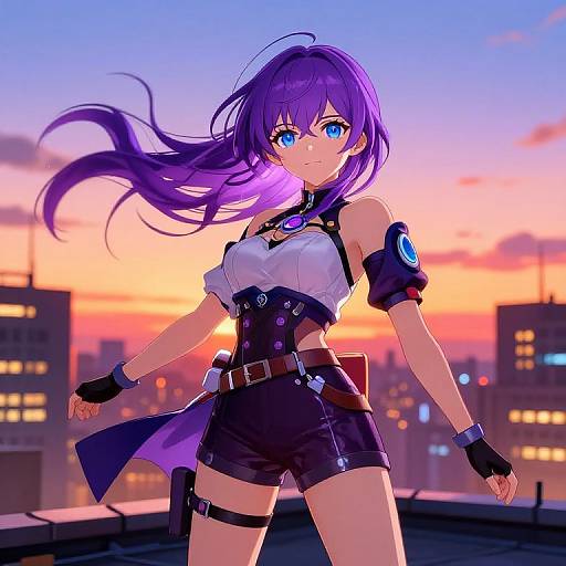 Anime-style digital illustration of a purple-haired girl with blue eyes, wearing a white top, black shorts, and futuristic gear, standing on a rooftop at