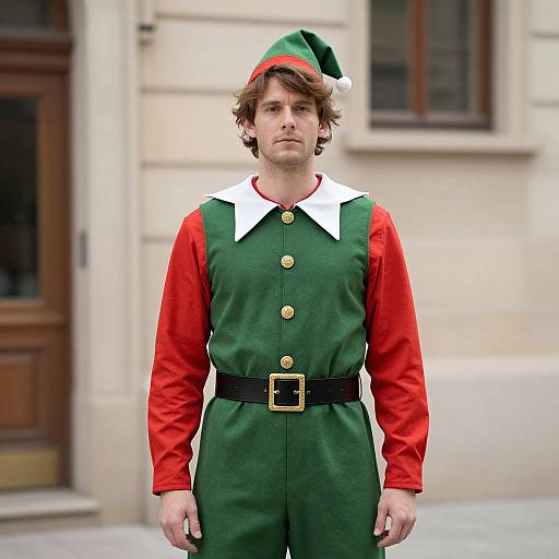 Photograph of a serious young man in a green Christmas elf costume with red sleeves, white collar, black belt, and green hat, standing in front
