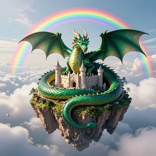 Digital art: Green dragon with wings surrounds a castle on a floating rock, beneath a vibrant rainbow and cloudy sky.