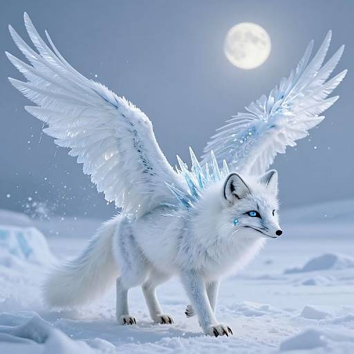 Digital artwork of a glowing white fox with majestic, radiant wings standing in a snow-covered landscape under a bright, full moon.
