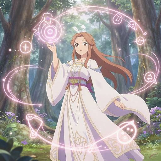 Anime-style drawing of a brown-haired woman in a white magical robe, casting glowing circular spells in a sunlit forest.
