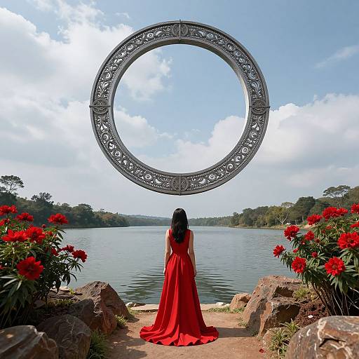 Photograph of a woman in a red gown, facing a large circular, ornate mirror over a lake, surrounded by red flowers and rocks.