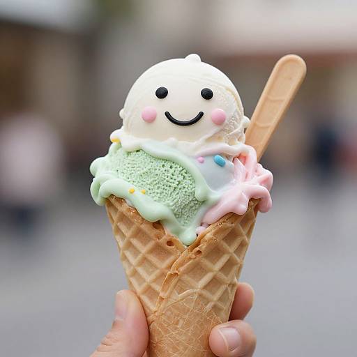 Photograph of a hand holding an ice cream cone with a white scoop smiling with black eyes and pink cheeks, topped with green, blue, and pink