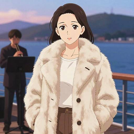 Anime-style drawing of a woman with short black hair in a white fur coat, standing by a waterfront railing, with a man in black standing in the