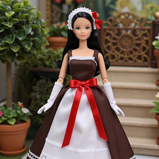 Elegant Doll in Brown Dress with Red Ribbon