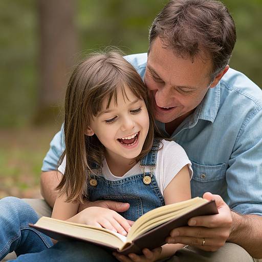 Photograph of a smiling young girl in denim overalls and white shirt, reading with a happy, attentive man in a light blue shirt in a forest