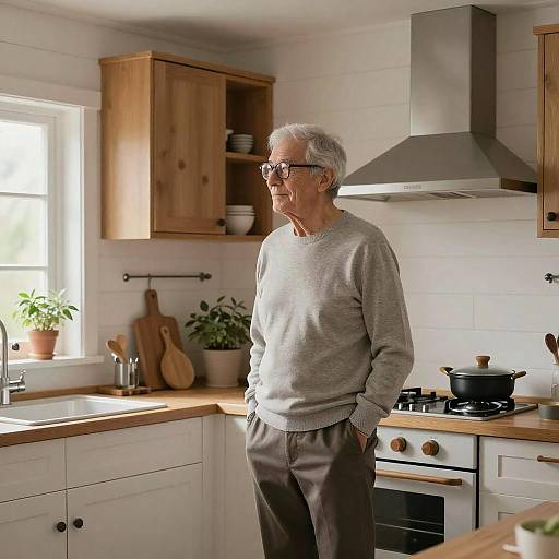 Photograph of an elderly man with gray hair and glasses, wearing a gray sweater and brown pants, standing in a bright, modern kitchen.