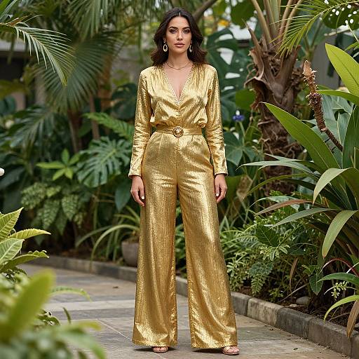 Photograph of a woman with medium brown skin and wavy black hair, wearing a shimmering gold long-sleeve jumpsuit with a deep V