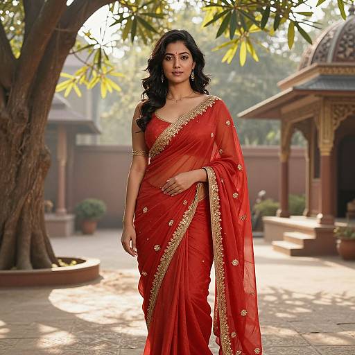 Photograph of a beautiful Indian woman with long black hair, wearing a red saree with gold embroidery, standing outdoors in a sunlit courtyard with trees