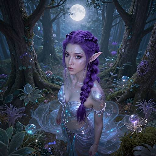 Digital fantasy artwork of a purple-haired, elf-like woman with pointed ears, glowing silver dress, and braided hair, standing in a moonlit enchanted
