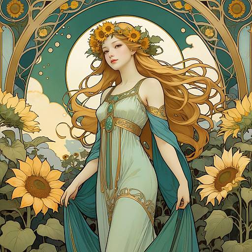 Art Nouveau Woman with Sunflowers