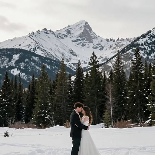 Photograph of a couple kissing in a snowy mountain landscape, with evergreen trees and a snow-covered peak in the background. The bride wears a white