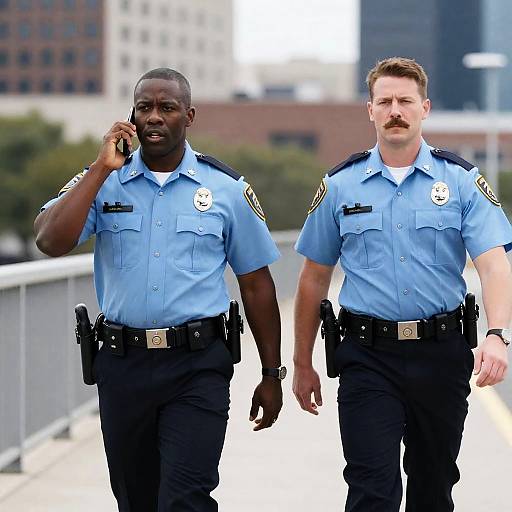 Two Police Officers Walking on City Bridge