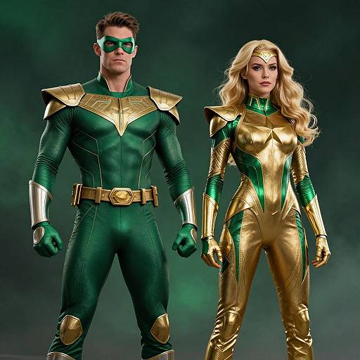 Photorealistic CGI of Green Lantern and Gold Lantern superheroes, standing side by side. Green Lantern in dark green suit, gold accents, mask; Gold