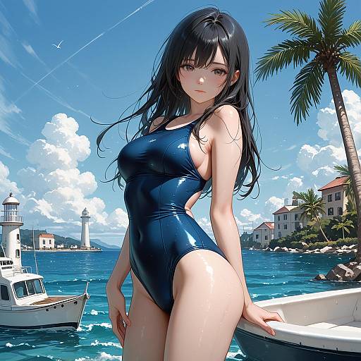 Anime Girl in Blue Swimsuit by the Sea