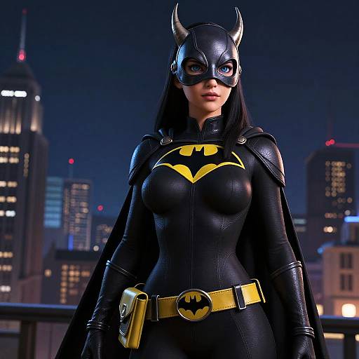 Photorealistic CGI of a female Batman in black leather suit with yellow bat emblem, black mask with horns, yellow belt, standing against a nighttime city