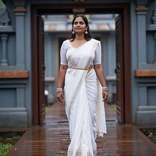 Photograph of a confident Indian woman in a white saree, gold earrings, and white blouse, walking through a rainy, ornate doorway.