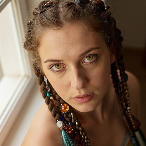 Close-up photograph of a young woman with light brown skin, golden eyes, and braided brown hair adorned with colorful beads and tassels, looking