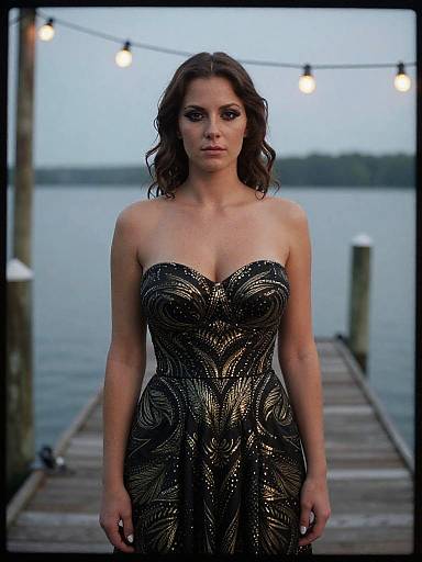 Photograph of a woman with wavy brown hair wearing a strapless, black, gold-patterned gown standing on a wooden dock with string lights and