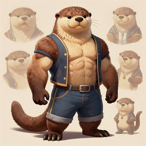 Digital illustration of a muscular anthropomorphic otter with brown fur, wearing a blue vest and denim shorts, standing confidently. Background features smaller, varied poses