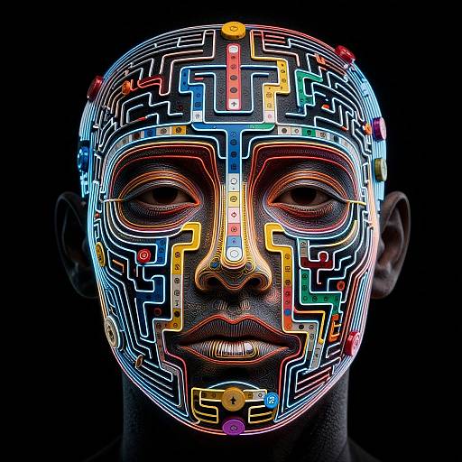 Photograph of a person with a neon, circuit-like face mask featuring colorful, glowing pathways and patterns against a black background.