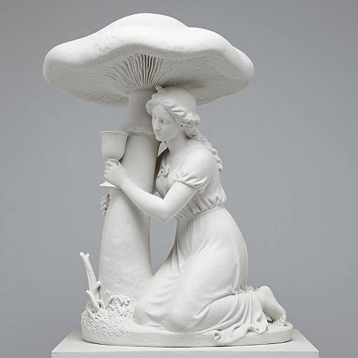 White marble sculpture of a kneeling woman hugging a giant mushroom, holding a box, with a small bird at her feet.
