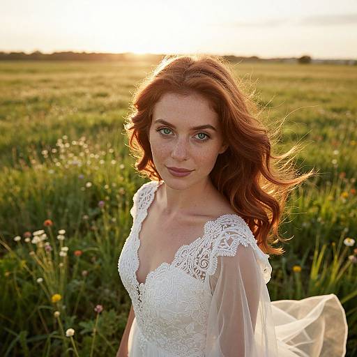 Photograph of a red-haired woman with green eyes wearing a white lace wedding dress, standing in a sunlit meadow at sunset.