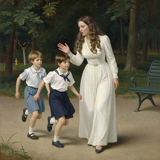 Photograph of a Victorian-style woman in a white dress walking with two young boys in sailor uniforms through a forested park.