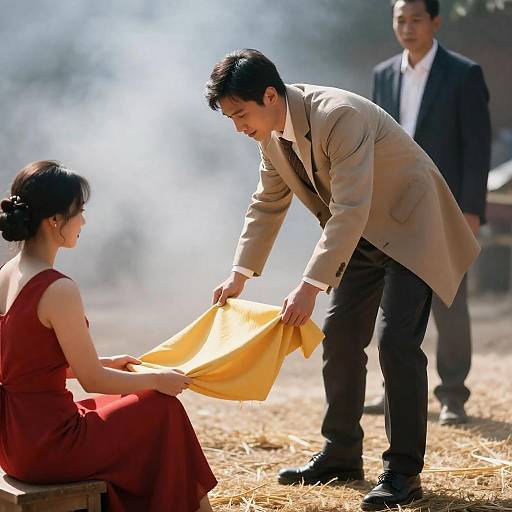Man Lifting Yellow Cloth from Woman in Red Dress
