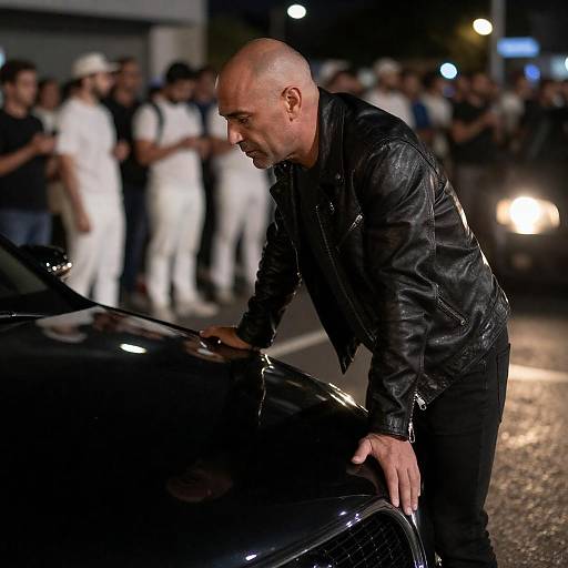 Bald Man Leaning on Hood at Night