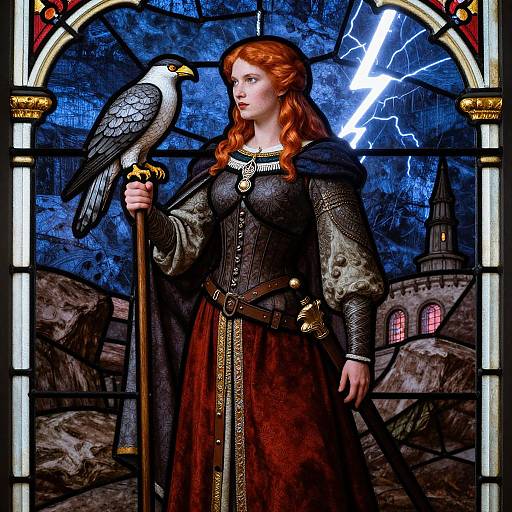 Stained glass depiction of a red-haired woman in medieval armor, holding a staff with a black eagle, lightning background, castle.