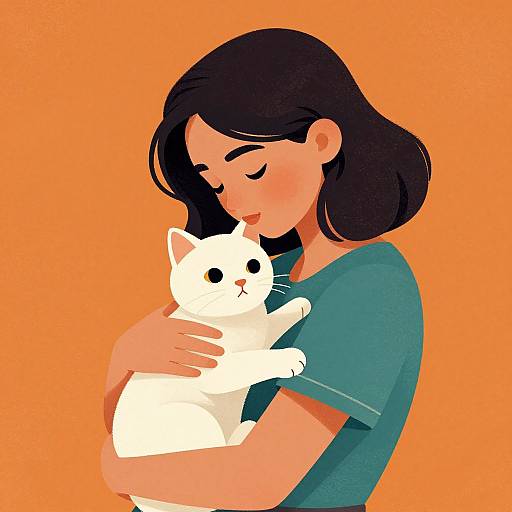 Digital illustration of a woman with black hair, green shirt, hugging a white cat against an orange background. Woman's eyes are closed, cat looks