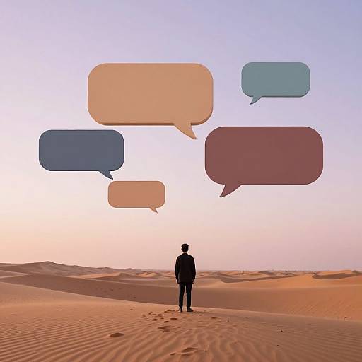 Silhouetted person stands in vast desert, facing large floating speech bubbles in pastel colors against a pink and blue sky.