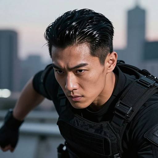 Photograph of an intense, Asian man with slick black hair, wearing black tactical gear, focused expression, blurred cityscape background.
