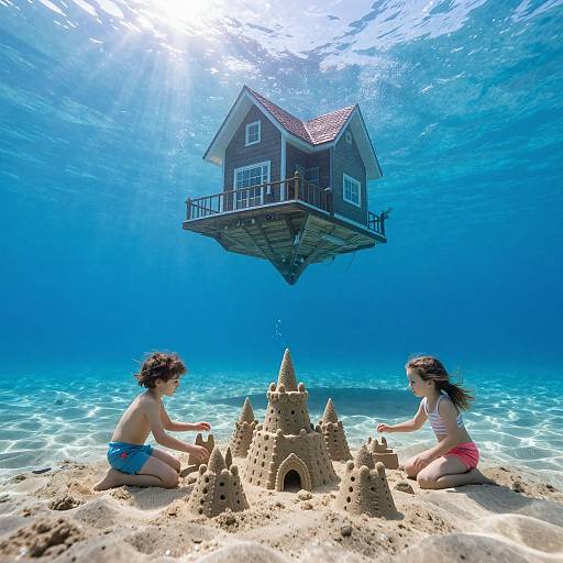 Photograph of two girls building a sandcastle underwater, with a floating house above, sunlight illuminating the clear blue water.