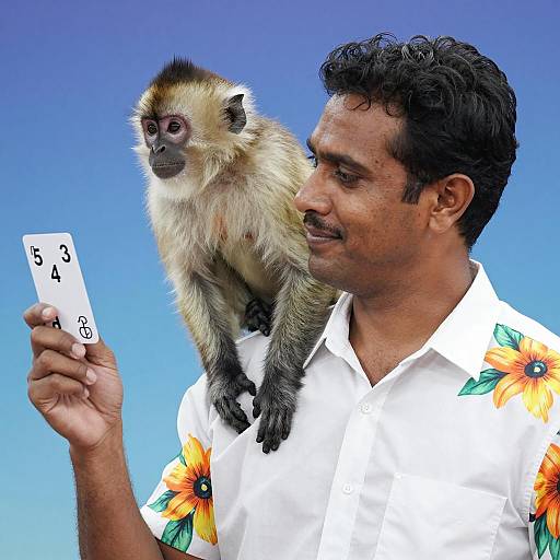 Man with Monkey on Shoulder Holding Card