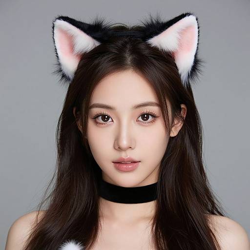 Photograph of an Asian woman with long black hair, wearing black-and-white cat ears and a black choker, against a gray background.