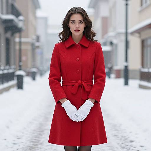 Photograph of a young woman with wavy dark hair, wearing a vibrant red coat, white gloves, standing on a snowy, cobblestone street