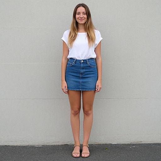 Photograph of a young woman with long, light brown hair, wearing a white t-shirt, high-waisted blue denim skirt, and pink sandals