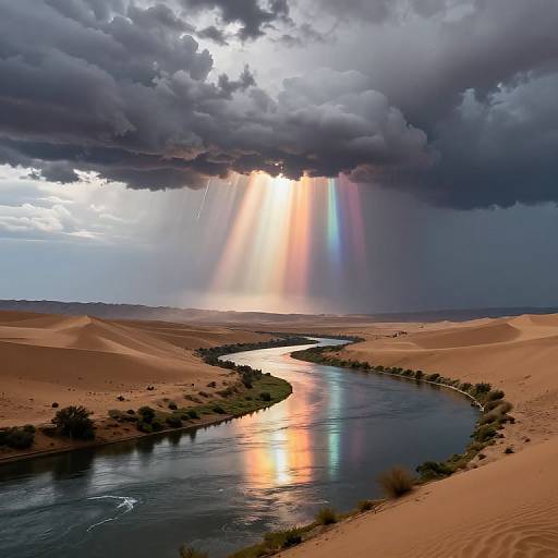 Photograph of a desert landscape with a winding river reflecting rainbow light from sunbeams breaking through dark clouds. Sandy dunes and sparse vegetation surround the