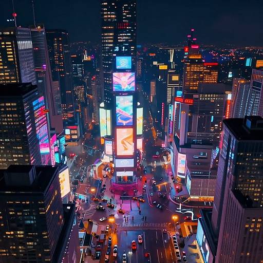 Aerial photograph of a vibrant, neon-lit cityscape at night, featuring colorful billboards, busy streets, and illuminated skyscrapers.
